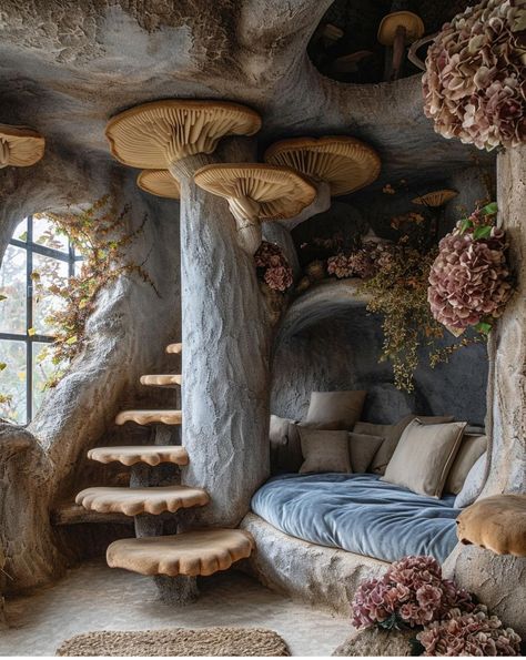 Cool House Stuff, Mushroom House Interior, Fairy Interior Design, Mushroom Architecture, Fairy House Interior, Mushroom Furniture, Vintage Apartment Decor, Vintage Apartment, Fantasy Furniture