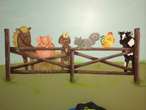 Farm Mural for Sam Farm Baby Room Ideas, Farm Animal Mural, Barnyard Nursery, Farm Mural, Barn Bedroom, Butterfly Model, Farm Room, Barn Bedrooms, Nursery Preschool