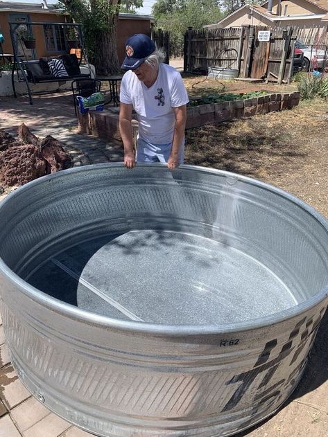 When a Swimming Pool is Not in the Budget...and the Summer Sun and Heat are Bearing Down...Sometimes a Cattle Stock Tank Will Fit the Bill to Provide a Welcoming Dip for a Quick Chill. Stock Tanks are Strong, Yet Lightweight to Handle. Very Easy Set Up.Where to Purchase a Stock Tank??? We found lots of size choices at the local farmer's feed store and they even deliver. Sometimes Big Box Hardware Stores will carry Stock Tanks. A Google Search for Your Area may be necessary. A 6 Foot Wi… Cow Feeder, Cattle Trough, Stock Pool, Desert Backyard, Feed Store, Hardware Stores, Stock Tank Pool, Tank Pool, Wash Tubs