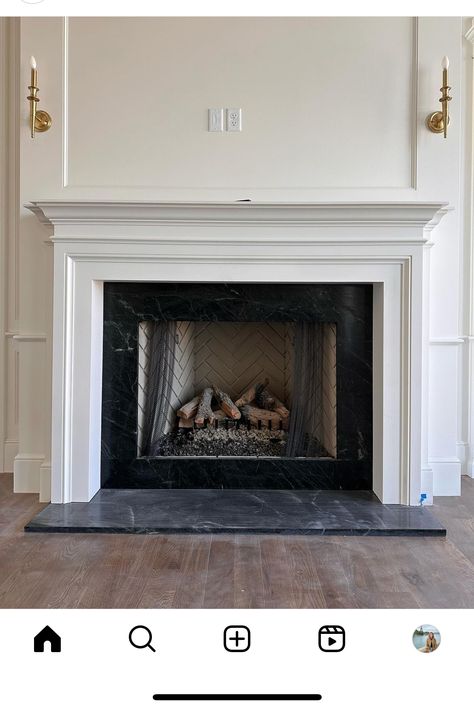 Fireplace Mantel Bookcase, Fireplace Surround Traditional, Coffered Ceiling Fireplace, Fireplace With Moulding, Traditional Fire Place, White Fireplace With Black Built Ins, Sheetrock Fireplace Surround, Fireplace Mantle Styles, Realistic Gas Fireplace