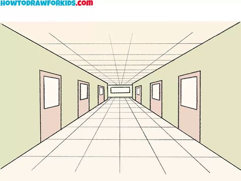 How to Draw a Hallway - Easy Drawing Tutorial For Kids Cloud Outline, Hallway Pictures, Hall Painting, Simple Building, School Hallways, Sketching Tips, Building Drawing, Drawing Tutorials For Kids, Cartoon As Anime