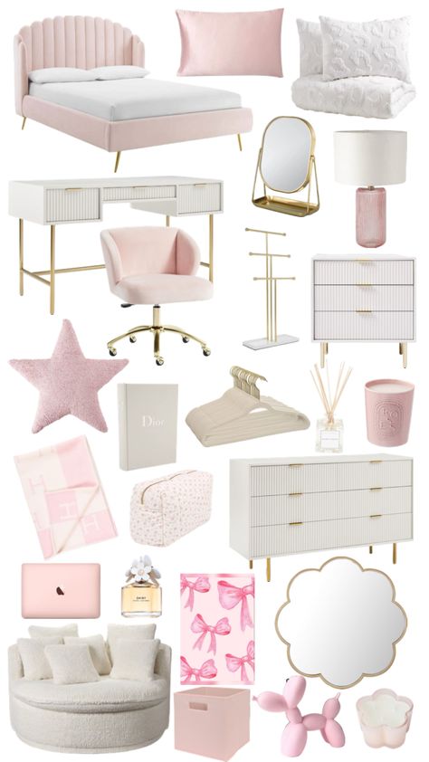 Studio Room Makeover, Aesthetic Chairs For Bedroom, Pink And White Bedroom Ideas Aesthetic, Preppy And Aesthetic Room, College Dorm Room Ideas Pink And White, Pink Cute Room Ideas, White Bedding With Pink Accents, Pink Room Decor Of Your Dreams, Bedroom Inspo Aesthetic Pink