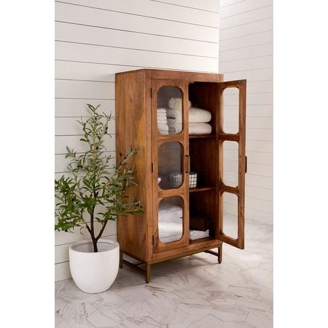 Apollo Wooden Two-Door Curio Cabinet - 30 x 16 x 61 - Bed Bath & Beyond - 37108083 Vintage Storage Cabinet, Tall Cabinets Living Room, Tall Cabinet Living Room, Storage Cabinets With Doors, Linen Storage Cabinet, Bauhaus Interior, House Renos, Entry Ideas, Room Vibes