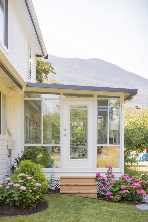 My Mom's Beautiful Sunroom Reveal; Before & After | Before and After Sunroom Addition Townhouse, Enclosed Porch Sunroom, French Doors Into Sunroom, Mud Room Sunroom, Sunroom Door Ideas, Turn Porch Into Sunroom, Sunroom Exterior Doors, Sunroom And Patio Addition, Patio Converted To Sunroom