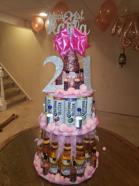 Alcohol Tower 21st Birthday, 21st Birthday Cake Alcohol, Liquor Bottle Cake, Alcohol Birthday Cake, Birthday Alcohol, Booze Gift, 21 Bday, Alcohol Cake, 21st Ideas