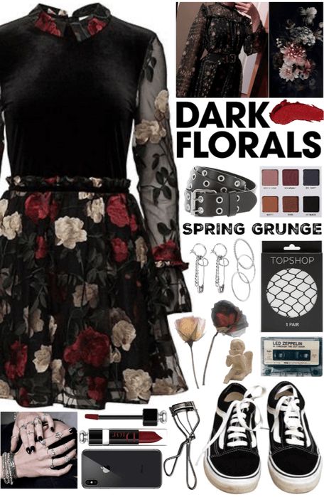 Spring Goth Aesthetic, Witchy Look Outfit, Soft Grunge Capsule Wardrobe, Spring Witchy Outfit, Spring Outfits Goth, Dark Floral Aesthetic Outfit, Floral Grunge Outfit, Gothic Spring Outfit, Dark Spring Aesthetic Outfits