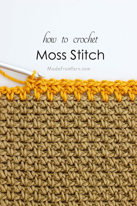 Learning the basic crochet stitches is just the beginning of the wonderful journey in crochet craft. Let's take it to the next level and learn how to crochet moss stitch! It is a popular and Miss Stitch Crochet, Moss Crochet Stitch, Crochet Stitches Texture, Crochet Moss Stitch, Moss Stitch Crochet, Linen Stitch Crochet, Crochet Moss, Moss Stitch Pattern, Crochet Chain Stitch