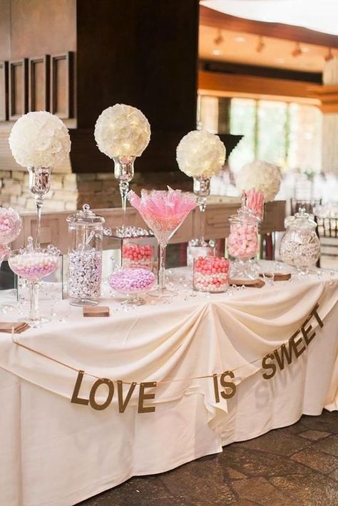 wedding dessert table ideas vintage modern pink candy bar Sposto Photography Wedding Food Table, Wedding Candy Table, Sweet Table Wedding, Bridal Shower Desserts, Fiesta Bridal Shower, Candy Bar Wedding, Bridal Shower Banner, Shower Desserts, Popcorn Bar