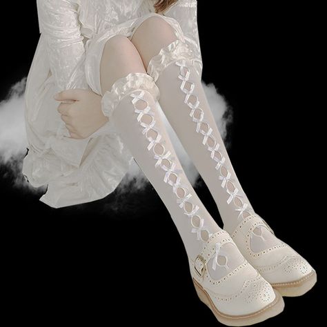 White Flats Outfit, Homecoming Outfit, Stocking Designs, White Elegance, White Stockings, Lace Socks, Aesthetic Shoes, Lace Bows, Calf Socks