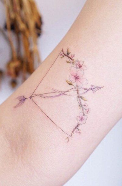 Floral Bow And Arrow, Arrow Tattoo Ideas, Bow Arrow Tattoos, Bow And Arrow Tattoo, 40 Tattoo, Sagittarius Tattoo Designs, Arrow Tattoos For Women, Sagittarius Tattoo, Arrow Tattoo Design