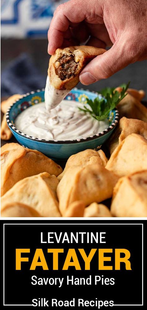 Fatayer, or Levantine meat pie, is an appetizer filled with ground meat, Lebanese spices, and pine nuts. Serve with your sauce of choice! Lebanese Spices, Fatayer Recipe, Lebanese Meat Pies, Homemade Crab Rangoon, Middle Eastern Recipes Arabic Food, East Recipes, Hand Pies Savory, Pie Dip, Chili Sauce Recipe