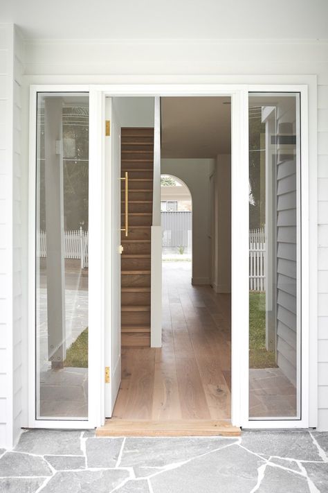 Blog — Adore Home Magazine Hamptons Front Door, Entryway Decorating, Contemporary Luxe, White Front Door, Coastal Exterior, Entry Tile, Home Entryway, Beach House Exterior, Double Front Doors