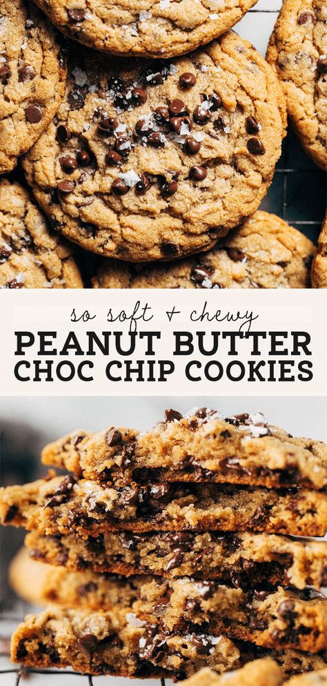 These are the BEST peanut butter chocolate chip cookies! They're lightly crisp and chewy on the outside with a super soft and tender texture. Baked with mini chocolate chips, there's the perfect amount of chocolate and peanut butter cookie in every bite. #peanutbuttercookies #peanutbutter #butternutbakery | butternutbakeryblog.com Browned Butter Peanut Butter Chocolate Chip Cookies, Bakery Style Peanut Butter Chocolate Chip Cookies, Moist Peanut Butter Chocolate Chip Cookies, Peanutbutter Choco Chip Cookies, Best Peanut Butter Chocolate Chip Cookie, Peanut Butter And Chocolate Chip Cookies, Pb Chocolate Chip Cookies, Academia Movies, Peanut Butter Choc Chip Cookies