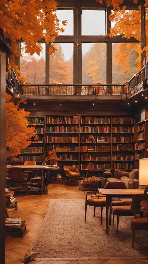 Autumn | Fall | Wallpaper | Vibes | Leaves | Forest | Library | Fantasy | Books | Cozy | Cozy Fall Aesthetic Books, Orange Library Aesthetic, Cosy Library, Autumn Fall Wallpaper, Autumn Library, Forest Library, Autumn Mood Board, Fall Library, Victorian Punk