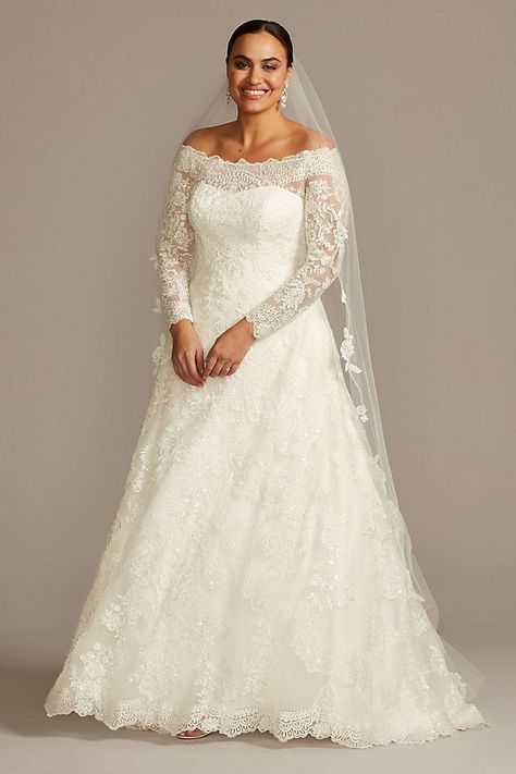 Off-The-Shoulder Plus Size A-Line Wedding Dress | David's Bridal Off The Shoulder Wedding Dress, Plus Wedding Dresses, Shoulder Wedding Dress, Petite Wedding Dress, Wedding Dress Style, Davids Bridal Wedding Dresses, Wedding Dress With Pockets, City Hall Wedding, Wedding Dresses Beaded