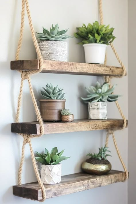 "Add style and storage to your walls with a DIY Hanging Rope Shelf! 🧶🪵 Perfect for displaying plants, books, or decor with a rustic, boho vibe. 🌟✨ #HangingShelf #DIYProjects #RopeCrafts" Macrame Shelf Diy, Displaying Plants, Hanging Rope Shelves, Rope Shelf, Diy Wood Shelves, Macrame Shelf, Shelf Diy, Rope Shelves, Bookshelves Diy