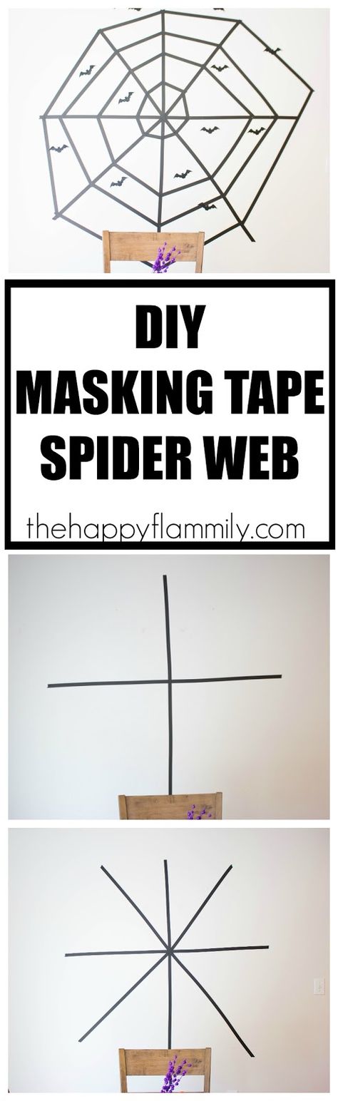 This fun and easy masking tape spider web will be a fun addition to anyone's halloween decor! Masking Tape Hand Halloween, Zip Tie Spider Race, Stick Spider Web, Tape Spider Web, Glue Spider Web Craft, Spider Web Diy, Halloween Web, Halloween Spider Decorations, Tape Wall