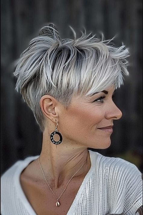 Short Funky Grey Hairstyles, Pixie Grey Haircut, Short Grey Hairstyles For Women Over 50, Short Hair Styles For Gray Hair, Short Grey Bob Hairstyles Over 50, Edgy Grey Hairstyles Over 50, Short Curly Grey Hair Over 50 Gray Hairstyles, Grey Pixie Haircut Older Women, Short Gray Hair With Lowlights Over 50