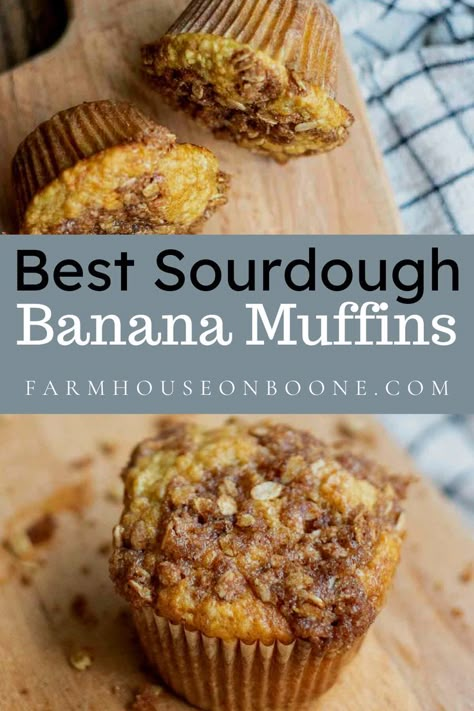 The softest, most delicious sourdough banana muffins you’ve ever tasted. A light and fluffy banana muffin, topped with a crunchy and sweet oat crumble. Make them quick or long ferment. Sourdough Banana Muffins, Sourdough Banana Bread Recipe, Sourdough Banana, Sourdough Muffins, Black Color Hairstyles, Recipe Using Sourdough Starter, Healthy Banana Muffins, Banana Oat Muffins, Banana Muffin