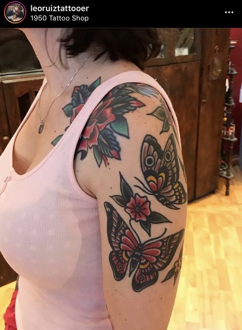 Bicep Tattoo Women Traditional, Female American Traditional Sleeve, Women Chest Tattoo Traditional, Shoulder Tattoos For Women American Traditional, Traditional Style Shoulder Tattoo, Traditional Tattoo Collar Bone, American Traditional Cover Up, Traditional Tattoo Shoulder Cap, Shoulder Traditional Tattoo