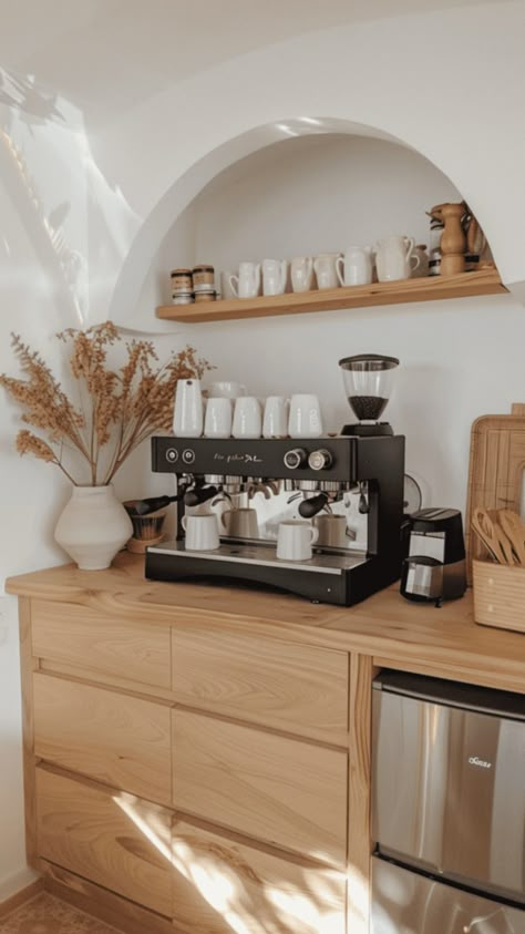 Do you want to create a coffee bar for your home? Whether you want to set it in your living room, entryway or kitchen, here are 35+ coffee bar station inspirations for your home. Spa Coffee Station, Boho Break Room, Waiting Room Coffee Station, Spa Coffee Bar, Nook Bar Ideas, Salon Coffee Station, Bar Set Up At Home, Drink Station Ideas Kitchens, Coffee Bar In Living Room