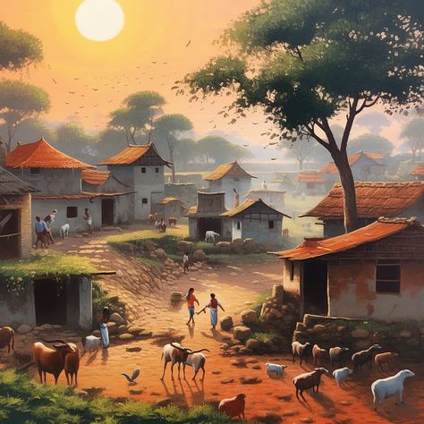 Natural_Village_scene Village Painting Ideas, Village Sinari Drawing, Landscape Village Paintings, Indian Village Painting Landscapes, Village Painting Indian Landscape, Indian Village Art Paintings, Villages Drawing, Indian Village Illustration, Village Scene Drawing Paintings