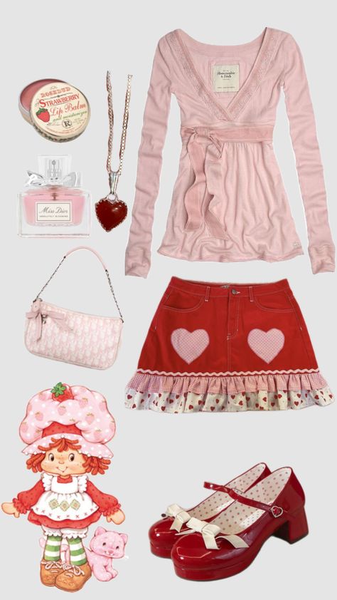 strawberry shortcake outfit #strawberryshortcake #strawberry #characteraesthetic #aesthetic #inspo #shufflefyp #outfit #y2k #coquette #cleangirl #coquetteaesthetic Strawberry Shortcake Outfits, Strawberry Outfit, Creative Outfits, Gay Outfit, Funky Outfits, Y2k Coquette, Fashion Mood Board, Kawaii Clothes, Girly Outfits