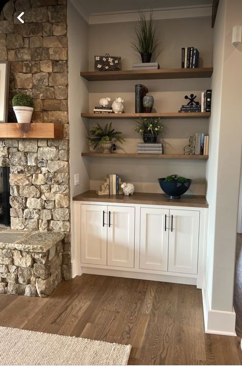 Fireplace Between Shelves, Shelving Ideas Beside Fireplace, Built In Shelves Stone Fireplace, Floating Mantel Shelf Under Tv, Cozy Fireplace With Built Ins, Fireplace Ideas Shelves, Stone Fireplace Shelves, Stone Fireplace Beach House, Chimney Built Ins