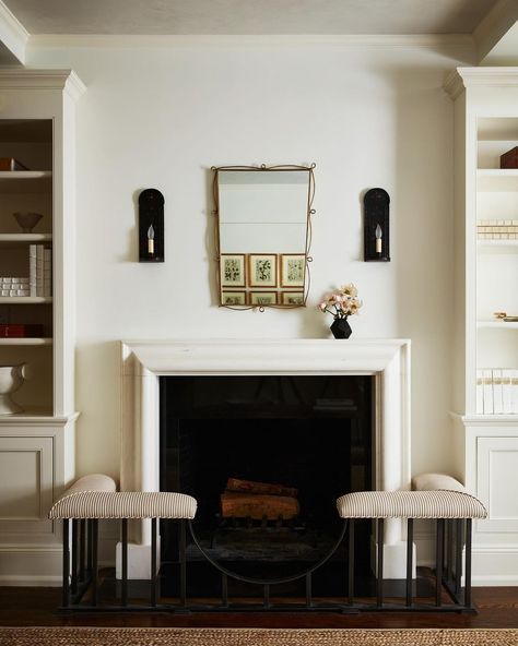 AUGUSTA HOFFMAN (@augusta.hoffman) • Instagram photos and videos Bench In Front Of Fireplace, British Fireplace, Modern Traditional Fireplace, Fireplace In Dining Room, Fireplace With Bench, Augusta Hoffman, Fireplace Bench, Insert Fireplace, Room Reference