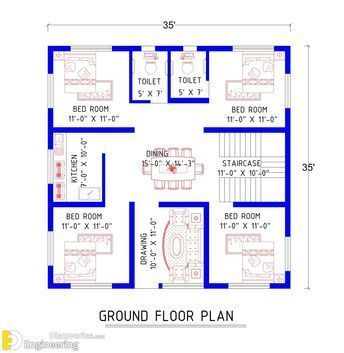 Wooden House Plans, Drawing House Plans, North Facing House, 30x40 House Plans, House Plan Design, Three Bedroom House Plan, Bungalow Floor Plans, Indian House Plans, Little House Plans