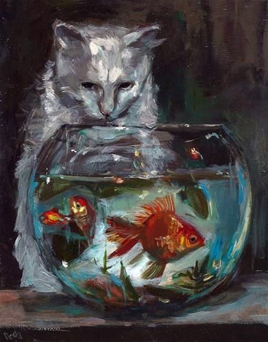 Daily Paintworks - "The observer - a cat , fish ,gold fish," - Original Fine Art for Sale - © adam deda Creative Animal Paintings, Paintings Fish, Art Fish Painting, Fish Tank Art, Painting Of Fish, Fish Art Illustration, Fishes Painting, Fish Bowl Painting, Fishbowl Painting