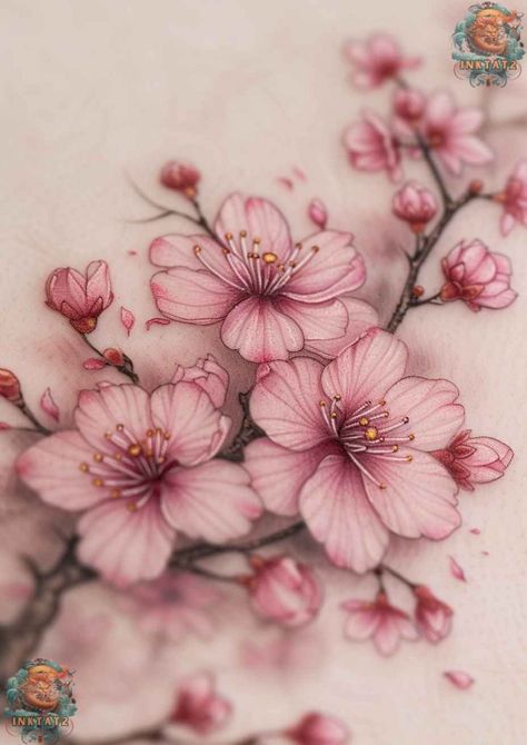 Cherry Blossom Tattoo Realistic, Realism Cherry Blossom Tattoo, Japanese Cherry Blossom Tattoo Stencil, Cherry Blossom Tattoo Pink, Cherry Blossom Sleeve Tattoos For Women, Cherry Blossom Branch Tattoo Design, Chinese Flower Tattoo Blossoms, Crane And Cherry Blossom Tattoo, Cherry Blossom Shoulder Tattoo For Women