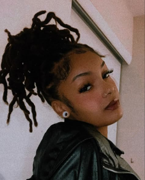 Locs And Gauges, Ear Gauges Aesthetic Black Women, Gauges On Black Women, Locs And Septum Piercing, Ear Gauges Black Women, Stretched Ears Black Women, Gauge Aesthetic, Gauges Black Women, Gauged Ears Women