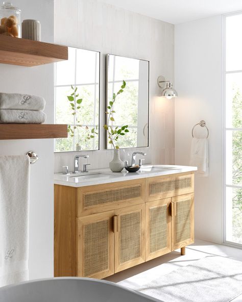 Tour a no-demo bathroom reno. 🛀 No big budgets here! Bring the coastal look of natural cane and gorgeous white marble to your bathroom with our easy-to-install Eli vanity. Tap to shop. #Bathroom #BathroomTour #BathroomVanity Modern Bathroom Decor Ideas, Natural Oak Wood, Ceramic Undermount Sink, Shop Bathroom, Toilet Paper Roll Holder, Ceramic Sinks, Double Sink Vanity, Bathroom Decor Ideas, Bathroom Reno