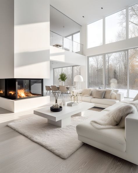 Cozy living room with campfire White Open Living Room, Creamy Living Room, White Living Room With Fireplace, White Interior Design Living Room, White Modern Living Room, Windows Modern, Big Living Room, White House Interior, Mansion Living Room