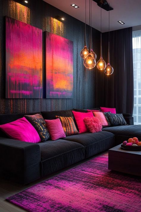 Pink Orange Black Living Room, Bold Interior Design Living Room, Black Pink Interior, Pink And Black Living Room, Black And Pink Living Room Decor, Jewel Tone Living Room Decor, Neon Living Room, Pink Airbnb, Pink Living Room Ideas