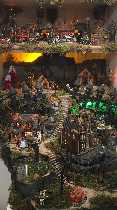 Lemax Spooky Town Display, Spookytown Display, Diy Halloween Village, Lemax Halloween Village, Spooky Town Village, Lemax Halloween, Department 56 Halloween, Halloween Village Display, Lemax Village