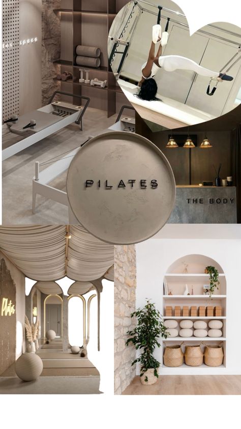 Mood board for a zen Pilates studio Yoga Studio Mood Board, Modern Pilates Studio, Pilates Mood Board, Modern Pilates Studio Design, Reformer Pilates Studio Design Interiors, Luxury Pilates Studio Design, Beautiful Pilates Studios, Pilates Boutique Studio, Yoga Studio Aesthetic