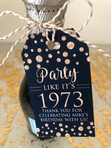 1973 Birthday Party Ideas, Navy Blue And Gold Party, Blue And Gold Party Decorations, Blue And Gold Party, Navy Party Decorations, Liquor Party, Navy Birthday, Mini Champagne Bottles, 50th Birthday Decorations