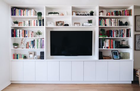 WOODHARMONIC | Custom Bookshelves & Kitchen Cabinets Tv And Bookcase Wall, Bookshelf Entertainment Center, Media Unit Design, Modern Media Center, Built In Bookcases, Built In Wall Units, Bookshelves With Tv, Media Units, Custom Bookshelves