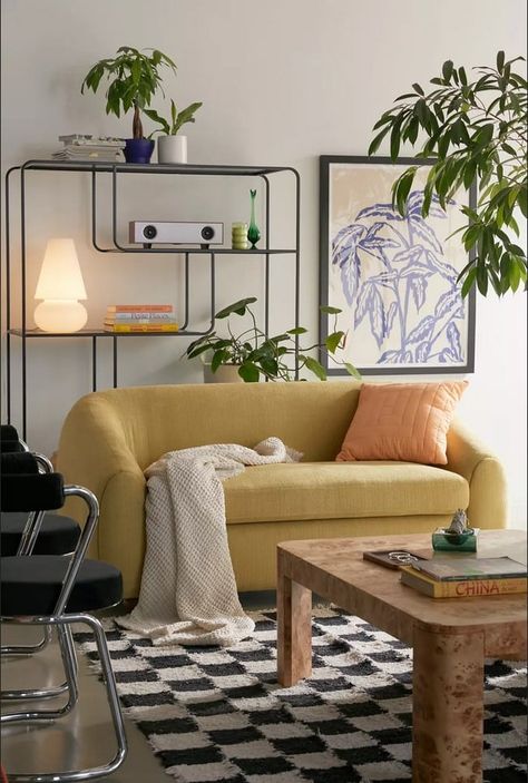 Gray floors are a fantastic design option to give you the most versatility while decorating. In addition, the total neutrality of gray makes it superb... | Collect Some Color with Chartreuse Urban Outfitters Home, Set Sofa, Grey Flooring, Apartment Furniture, Sofa Shop, Apartment Inspiration, Apartment Design, Interior Inspo, Floor Cushions