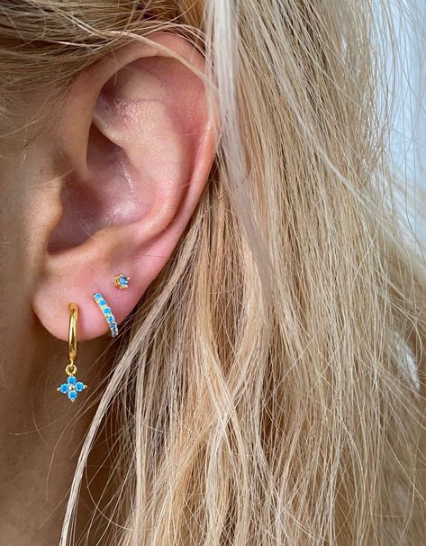 Blue Piercings, Ear Stacking, Earring Stacks, Formal Earrings, Big Jewelry, Ear Party, Clover Charm, Ear Stack, Luck Charm