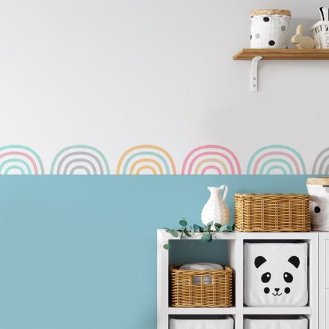 Blue Rainbow Room, Rainbow Scallop Wall, Play Room Wall Painting, Playroom Paint Ideas Color Inspiration, Kids Playroom Wall Paint Ideas, Kids Bedroom Wall Ideas, Playroom Wall Paint Ideas, Wall Painting Ideas Kids Room, Kids Playroom Paint Ideas