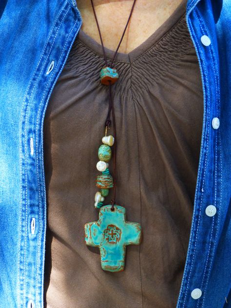 Lariat Pottery 'n Pearls Polymer Clay Cross, Ceramic Bead Jewelry, Clay Cross, Ceramic Crosses, Cowgirl Jewelry, Ceramic Necklace, Clay Jewelry Diy, Ceramic Pendant, Ceramic Jewelry