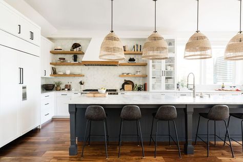 Open Concept Kitchens Are Back—and 8 Other Kitchen Design Trends Houzz Says Will Be Big This Year Multipurpose Kitchen Island, Big Kitchen Design, Kitchen Color Trends, Painted Kitchen Cabinets Colors, Green Kitchen Cabinets, Kitchen Colour Schemes, All White Kitchen, Big Kitchen, Best Kitchen Designs