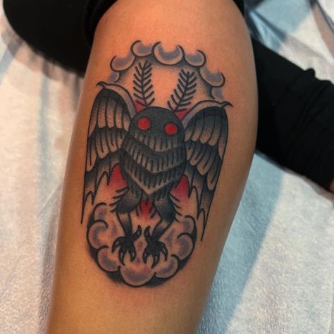 Mothman Tattoo Traditional, American Traditional Cryptid Tattoo, Moth Man Tattoo, Mothman Art, Moth Man, Mothman Tattoo, American Traditional Sleeve, Traditional Moth Tattoo, Traditional Sleeve