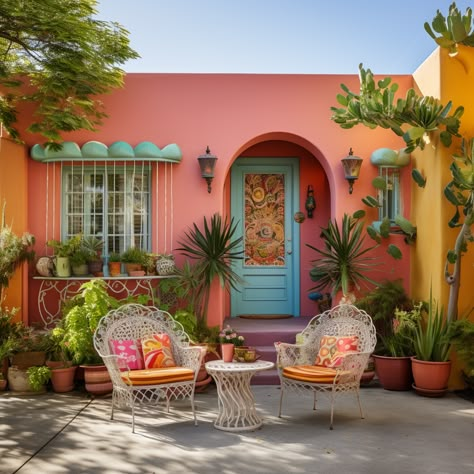 Colorful Home Exterior Paint, Mexican Colorful Houses, Eclectic Exterior House, Mexican Home Exterior, Mexican House Exterior, Colorful Exterior, Colourful House, Dream House Aesthetic, Hacienda Style Homes