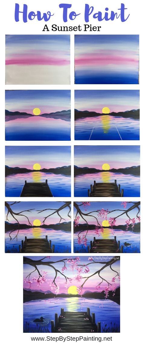 Paint A Sunset, Sunset Lake, Lake Painting, Canvas Painting Tutorials, Easy Canvas Painting, Canvas Painting Diy, Acrylic Painting Tutorials, Simple Acrylic Paintings, Step By Step Painting