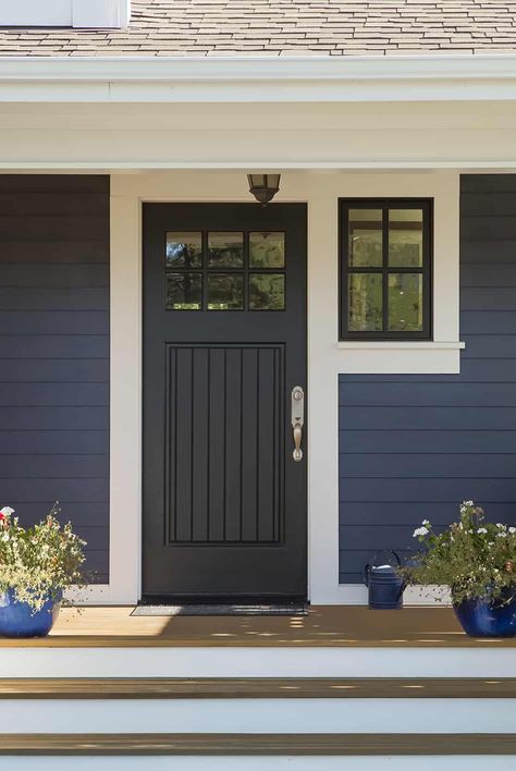 Blue House Black Door, House Black Trim, Navy House Exterior, House Doors Colors, Navy Blue Houses, Light Blue Houses, Dark Blue Houses, Best Front Door Colors, Exterior Door Colors