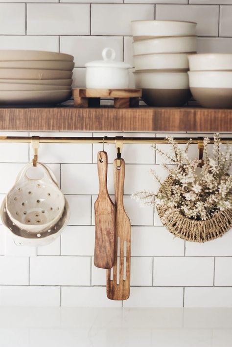 Kitchen Rod With Hooks Decor, Floating Shelves With Rail, Open Shelves Kitchen Styling, Kitchen Shelf Styling, House Styling, Kitchen Shelf Decor, Small Space Interior Design, Kitchen Mood Board, Basement Kitchen